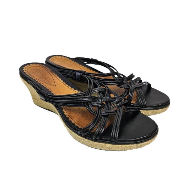 Clarks Artisan Black Leather Strappy Braided Espadrille Wedge Platform Sandal - Picture 1 of 12